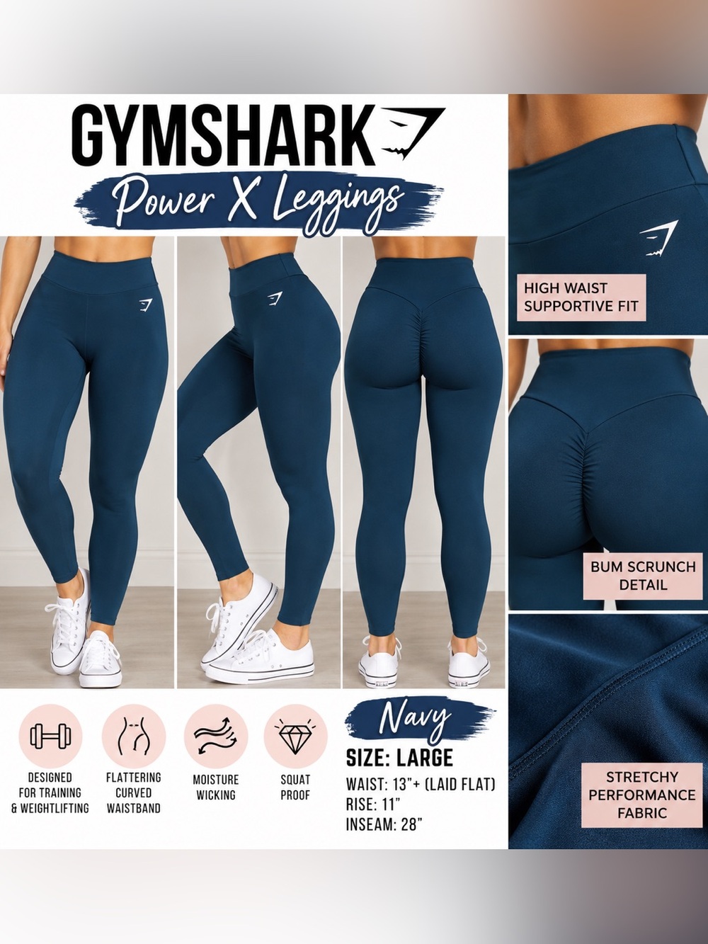 (#H) Gymshark Power X Leggings Navy High Rise Bum Scrunch Large